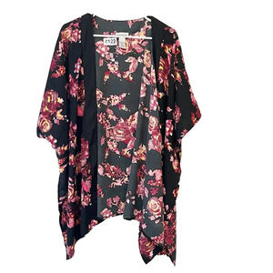 Catherine’s Floral Kimono Jacket One Size Black Red Boho Women’s Short Sleeve